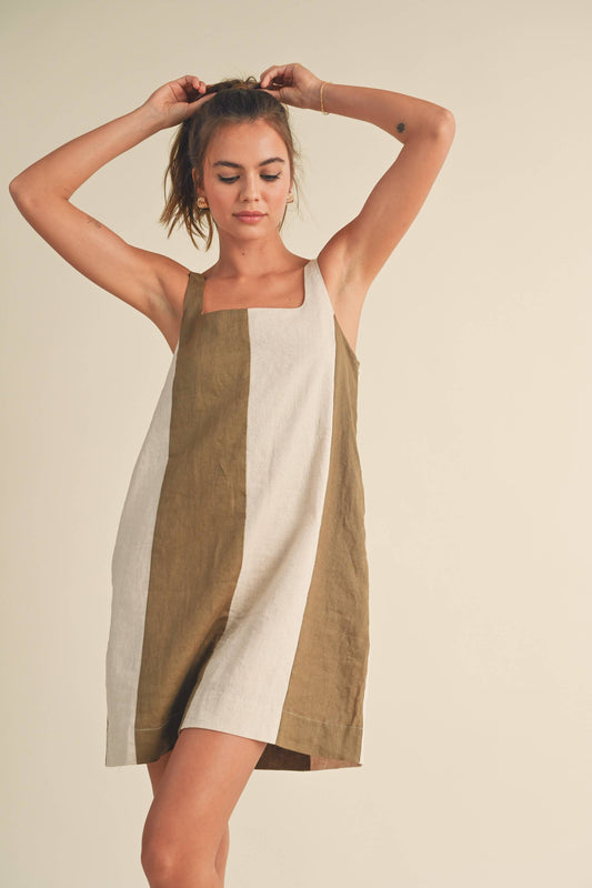 COLOR BLOCK LINEN MINI DRESS: OLIVE/OATMEAL