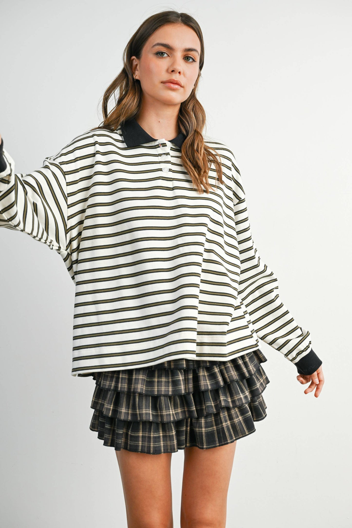 Quarter-Button Striped Collared Long Sleeve Top - IVORY / BLACK