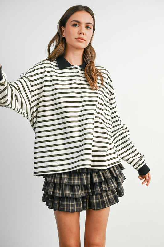 Quarter-Button Striped Collared Long Sleeve Top - IVORY / BLACK