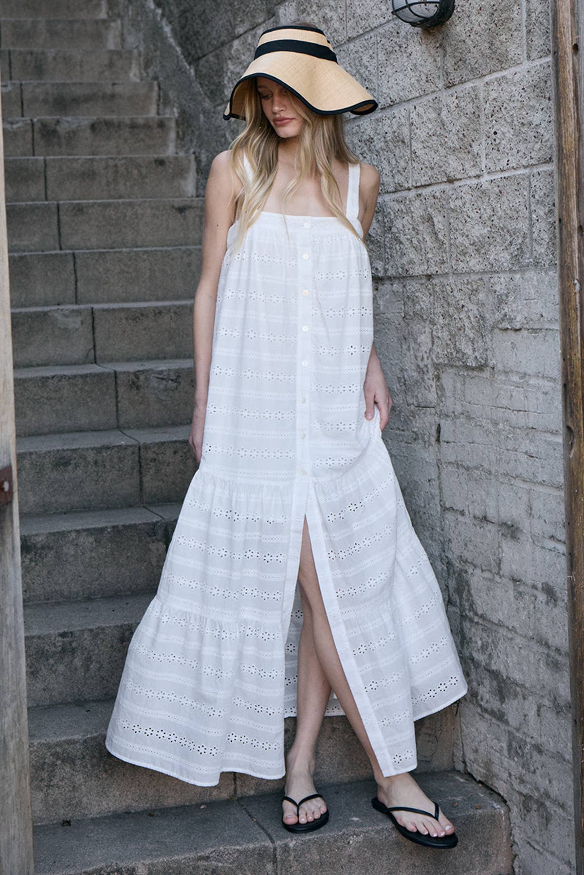 Eyelet Tiered Button Front Maxi Dress: WHITE