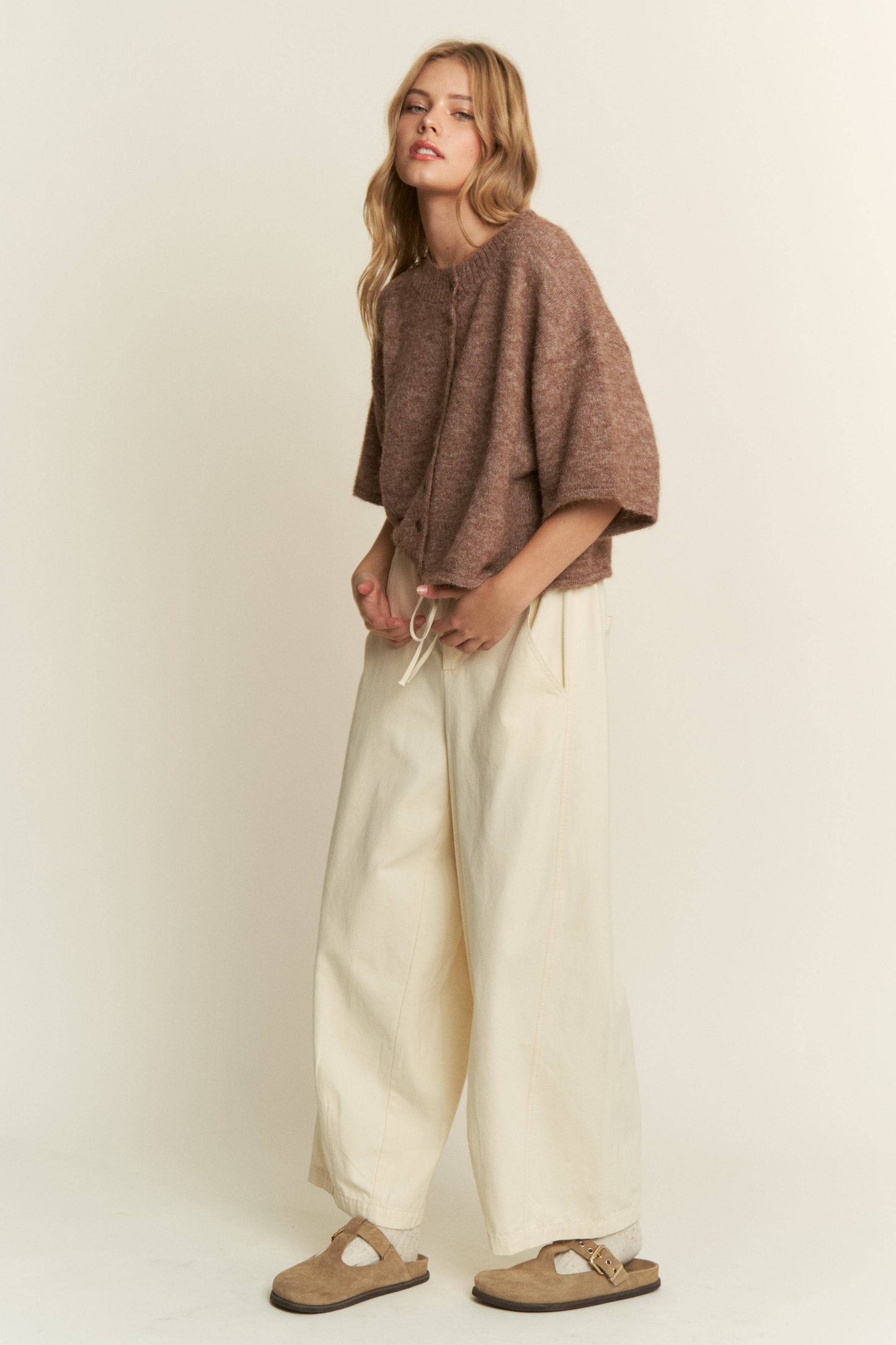 Quarter-Sleeve Knit Cardigans: Mocha