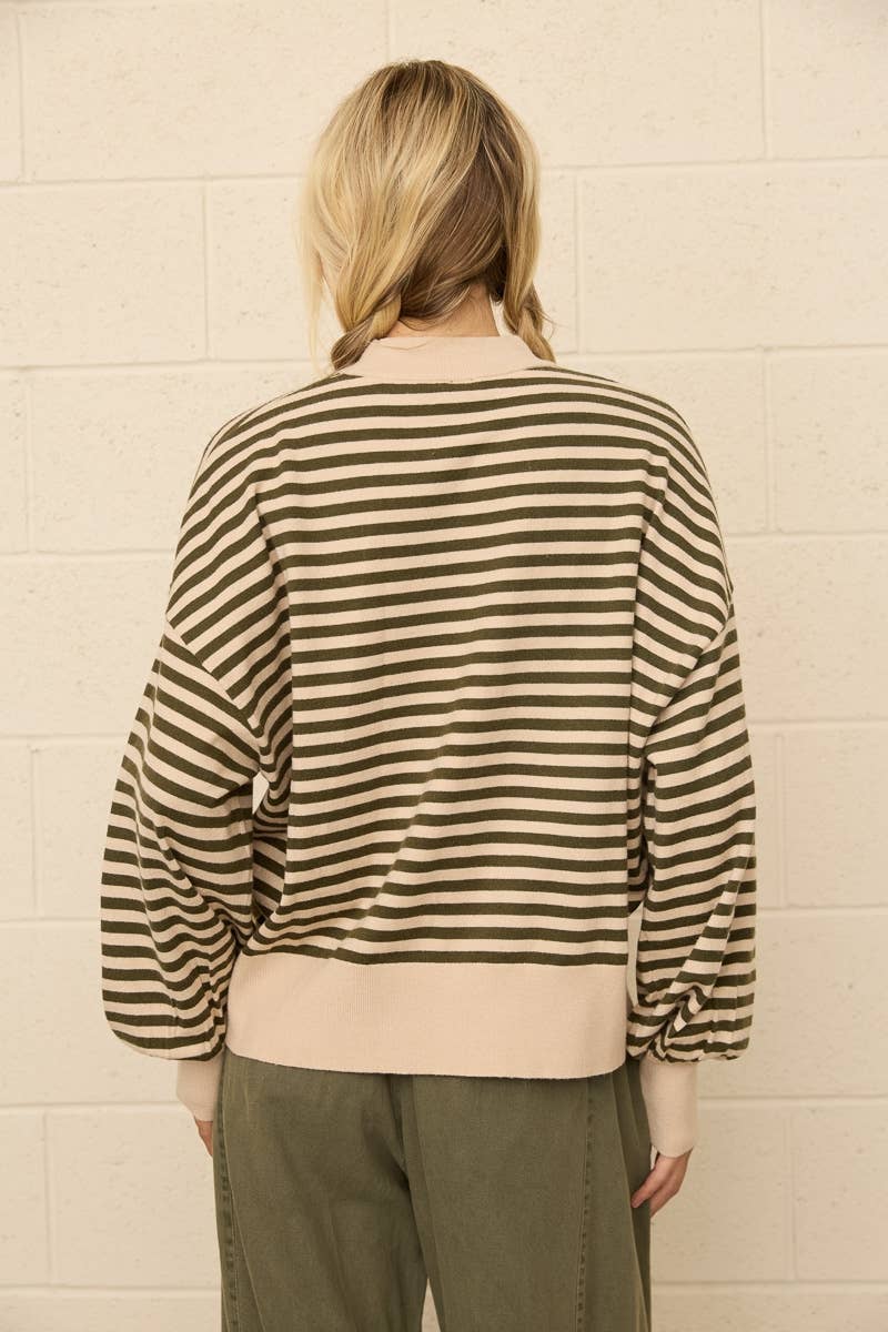 Two-Tone Stripe Mock Neck Sweater: BEIGE MULTI