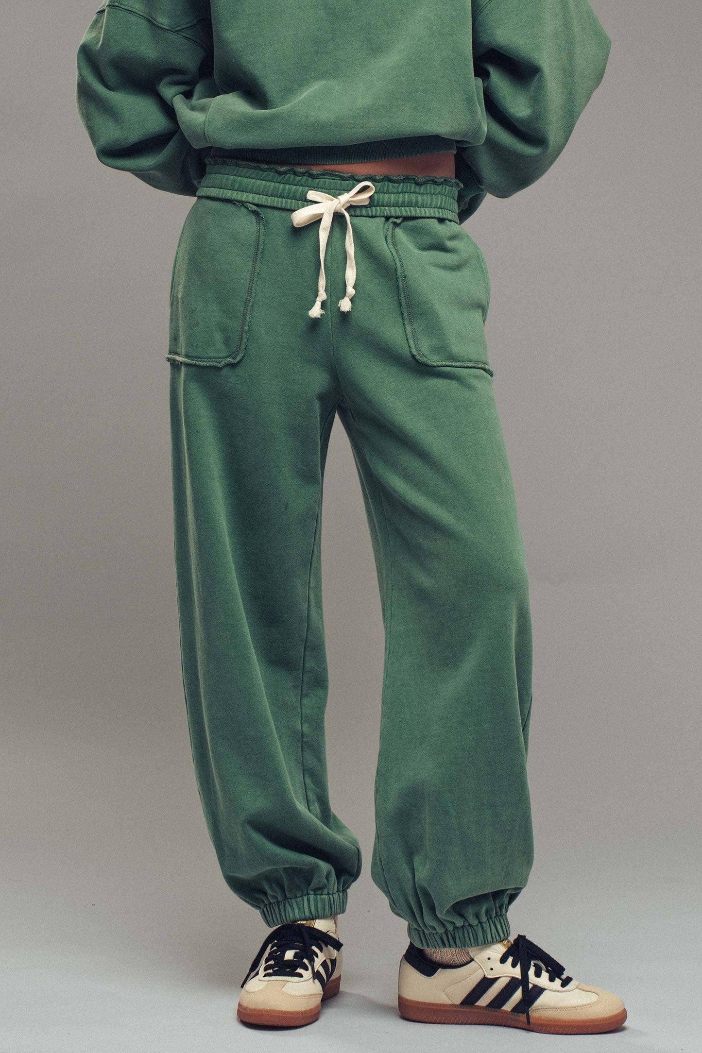 Wide Leg Cotton Blend Jogger Sweatpants: EMERALD GREEN