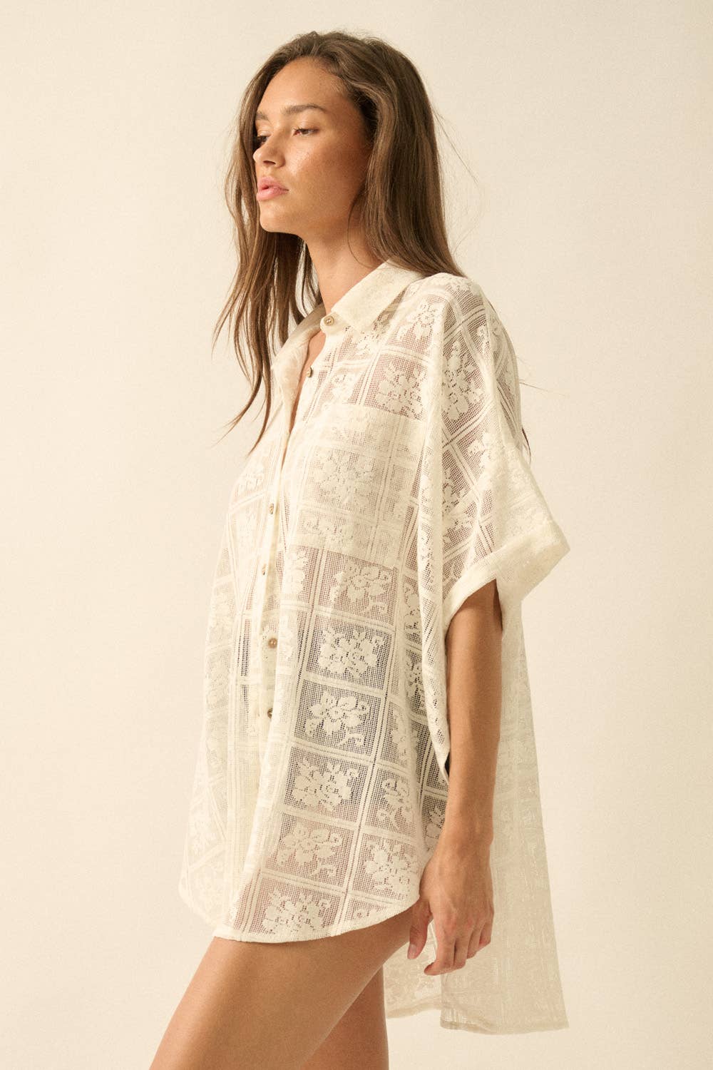 Sheer Floral Lace Oversized Button-Up: Cream