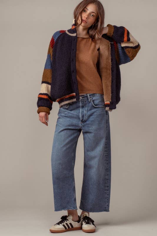 Chunky Rib-Knit Faux Fur Lined Cardigan: NAVY