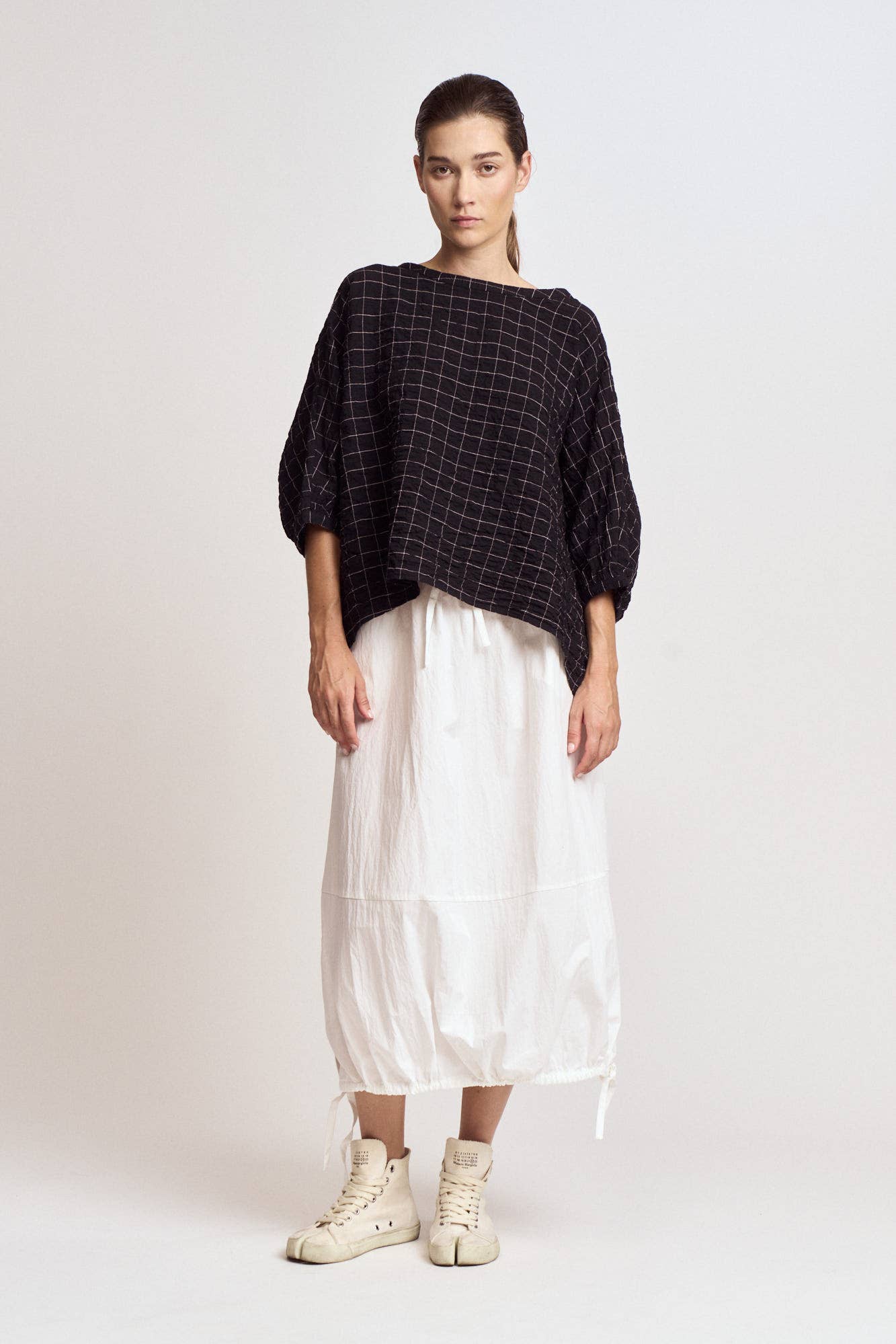 CHECK PRINT GAUZE BLOUSE: Black