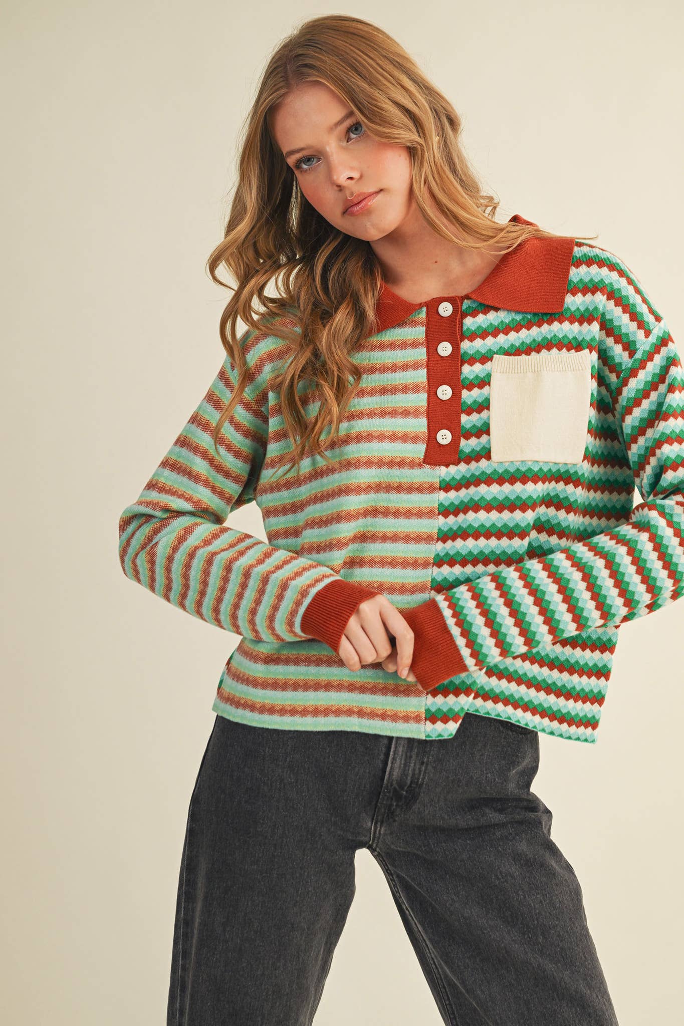 MULTI-COLOR STRIPED KNIT SWEATER: TEAL COPPER