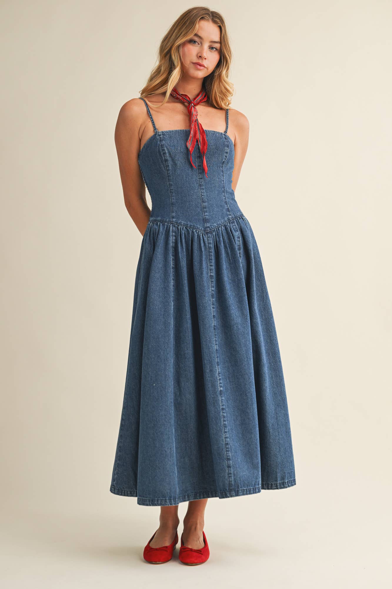 Seamed Bustier Full Skirt Denim Dress: WASHED DENIM