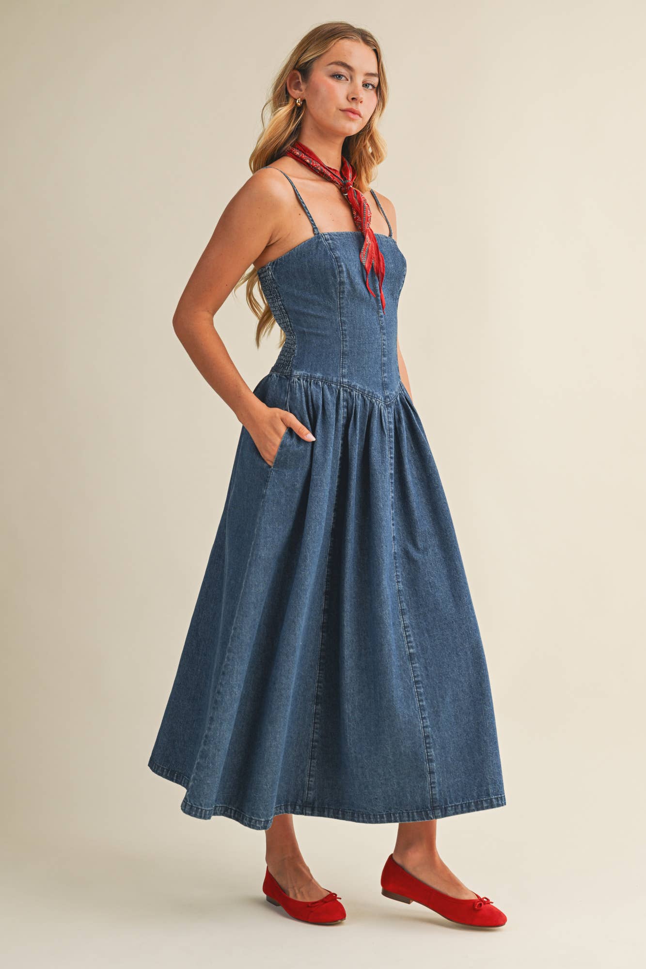 Seamed Bustier Full Skirt Denim Dress: WASHED DENIM