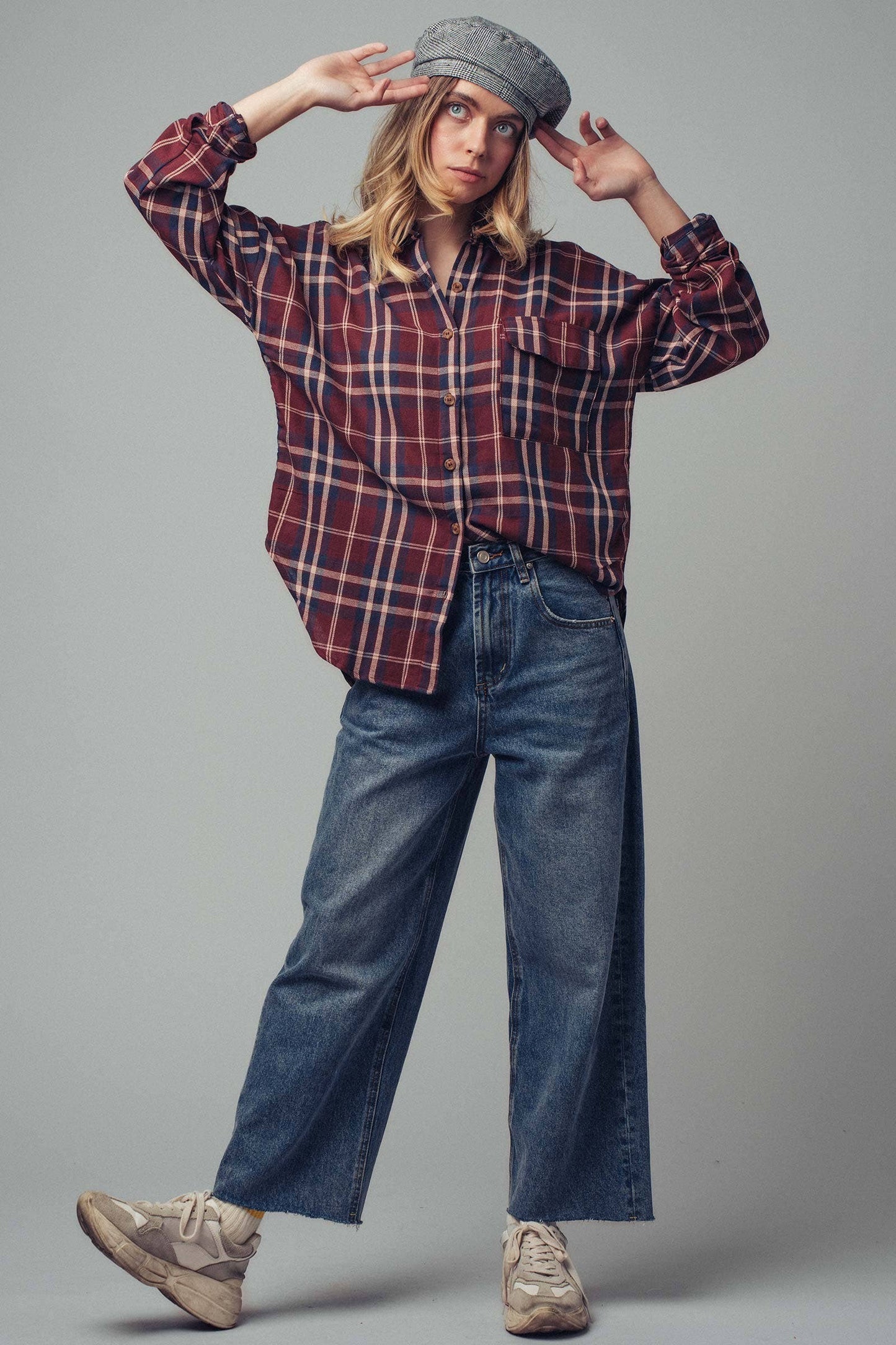 Classic Plaid Cotton Flannel Boyfriend Shirt: BURGUNDY MULTI