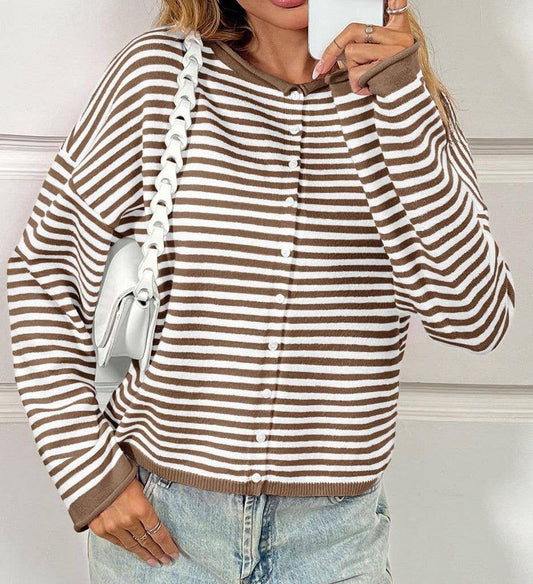 Round Neck Striped Color Block Long Sleeve Casual Cardigan: Brown