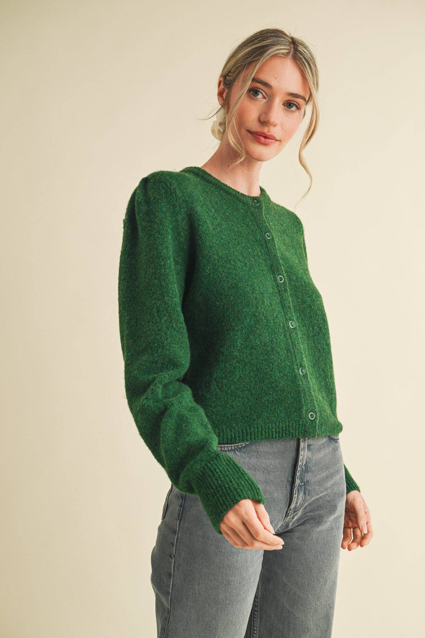 HEAVY PUFF SLEEVE SWEATER CARDIGAN: CHARCOAL