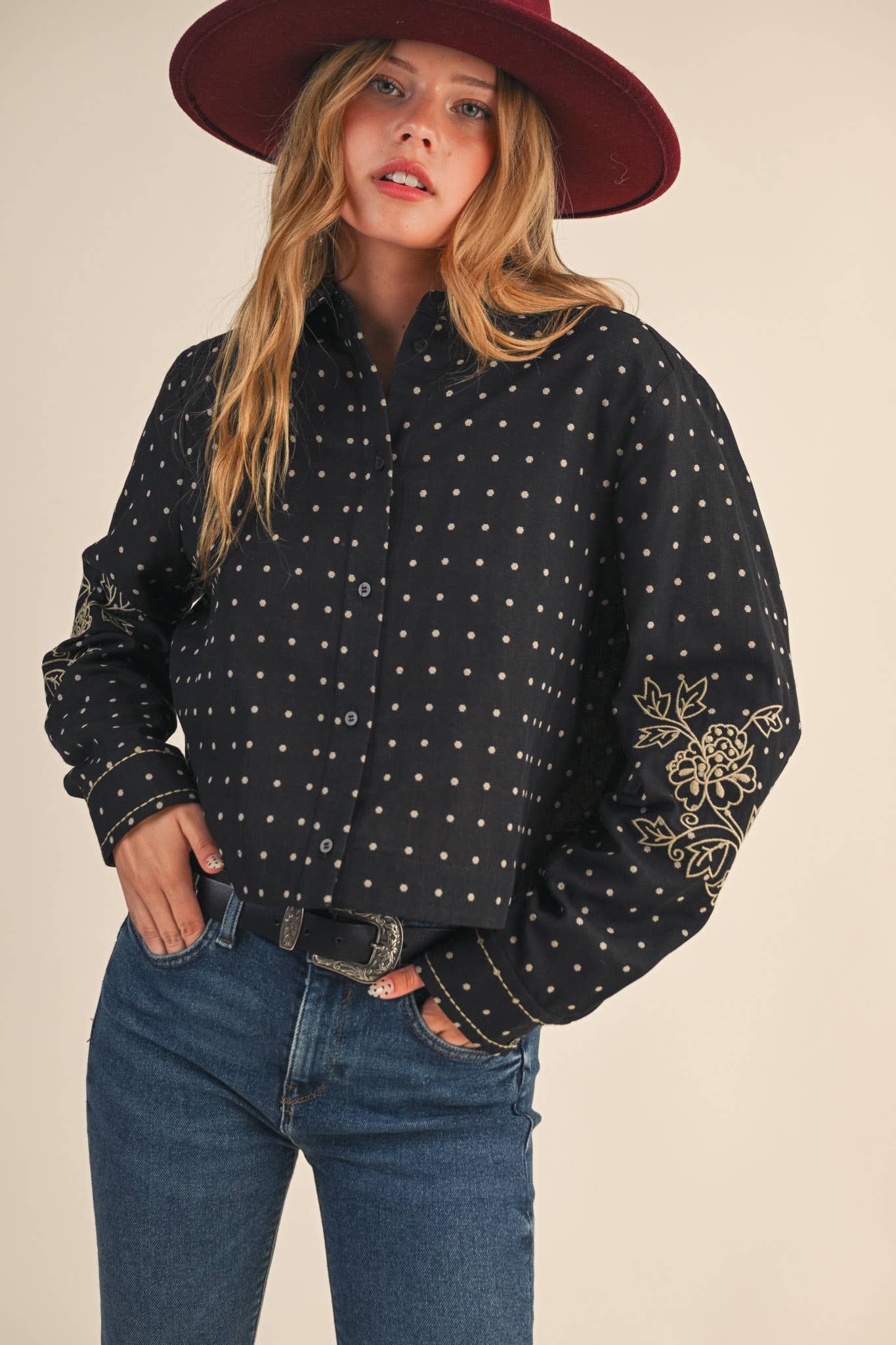 POLKA DOT FLORAL EMBROIDERY BUTTON UP: Black