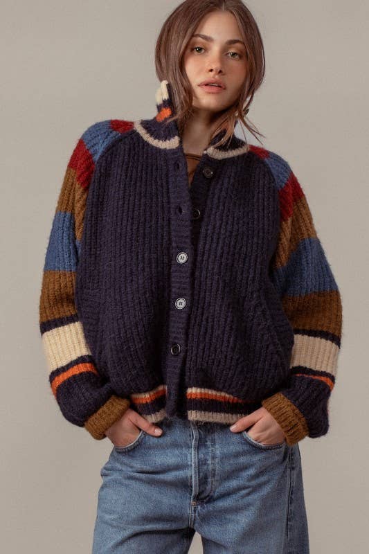 Chunky Rib-Knit Faux Fur Lined Cardigan: NAVY