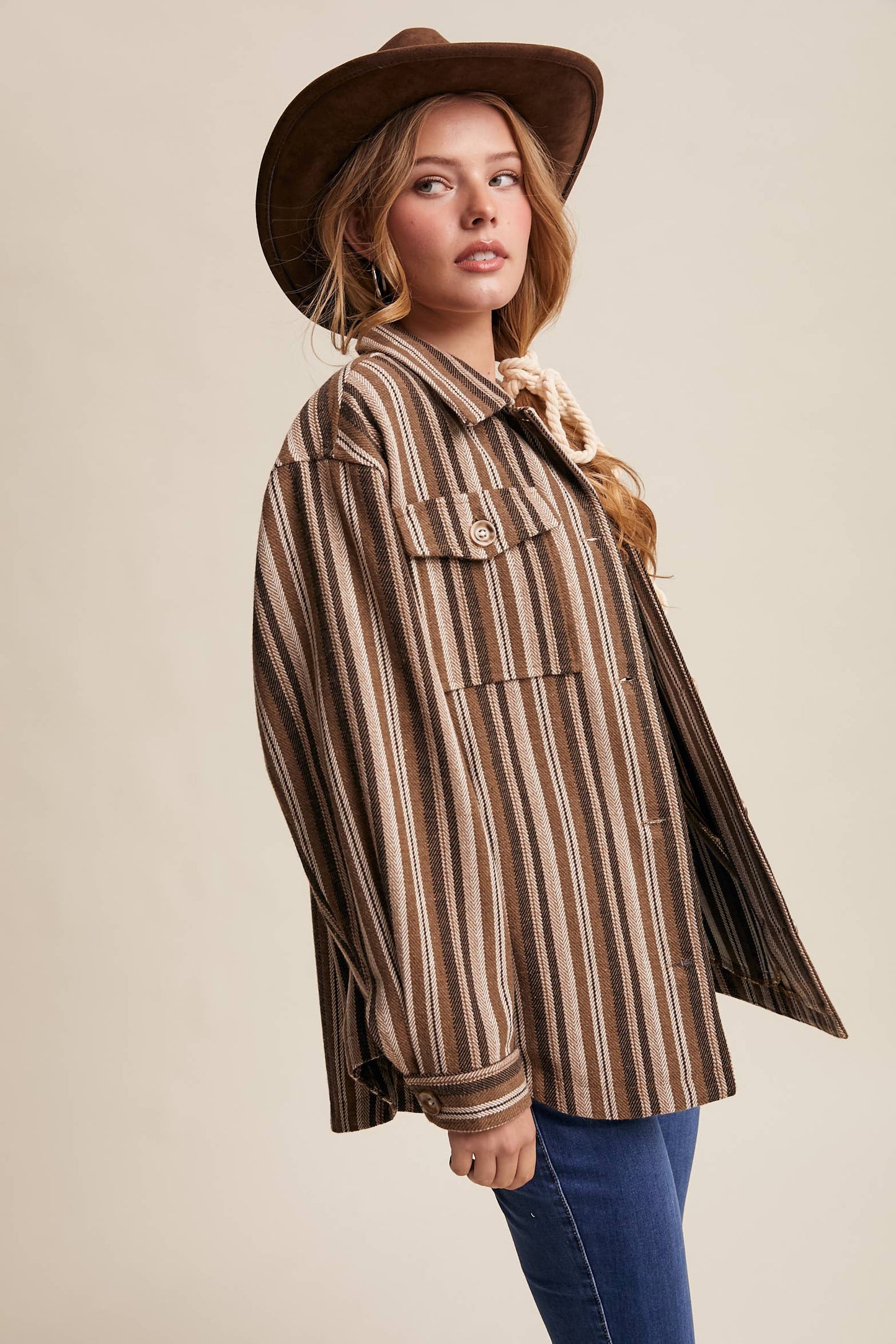 Western Stripe Button-Up Jacket: Mocha
