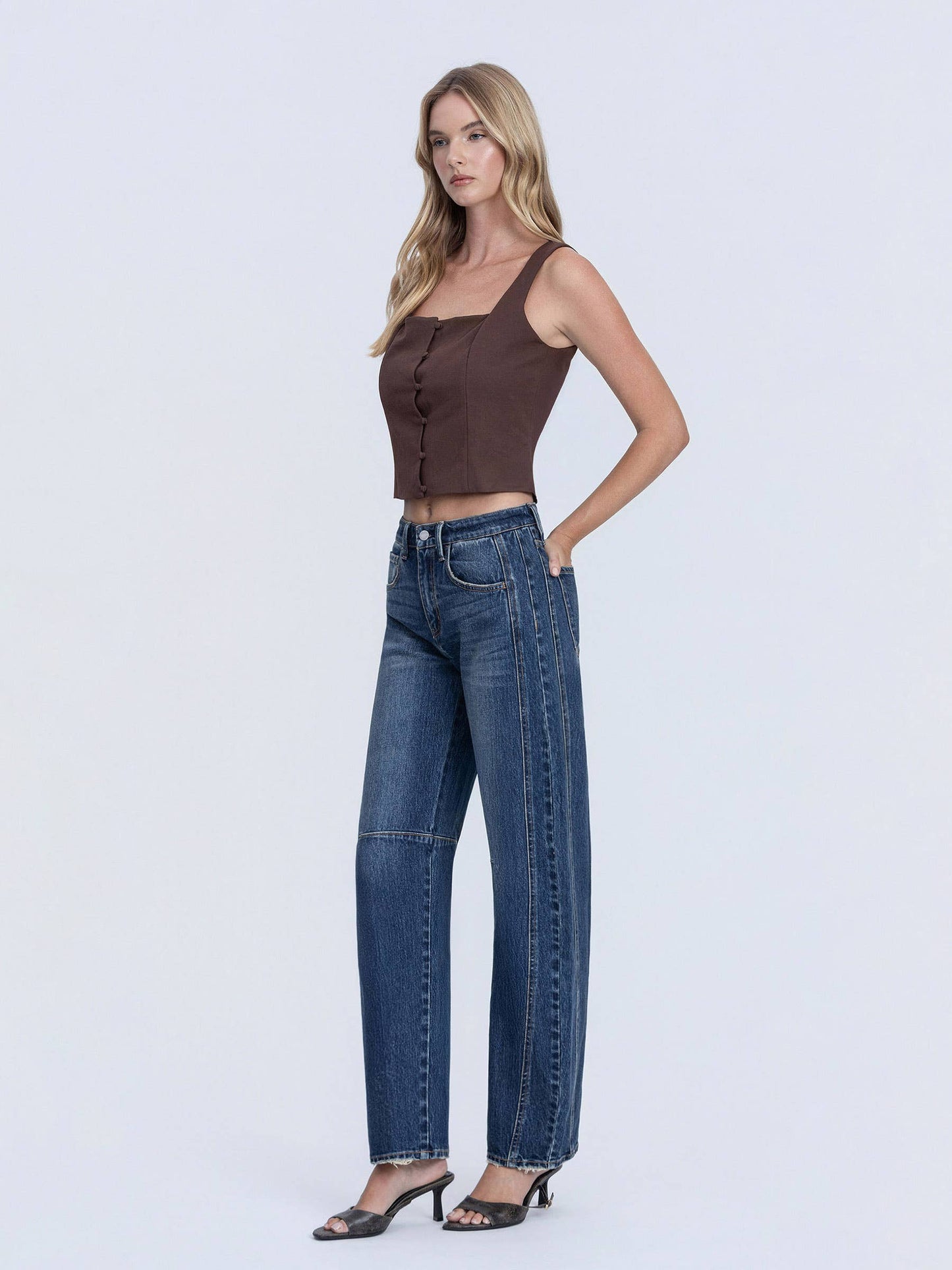 HIGH RISE DARK WASH FULL LENGTH BARREL JEANS