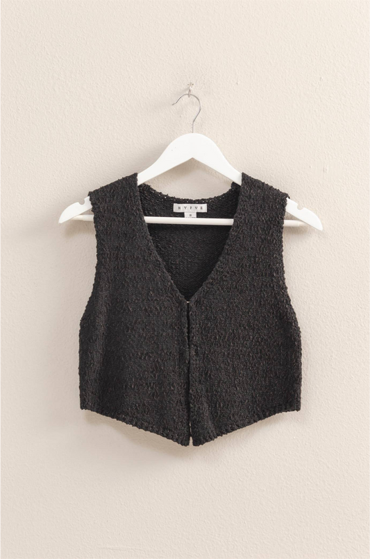 V-Neck Front Hook Closure Knit Vest: BLACK