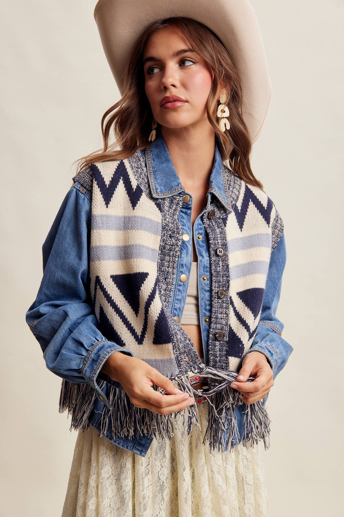 Western Fringe Knit Sweater Vest: Navy