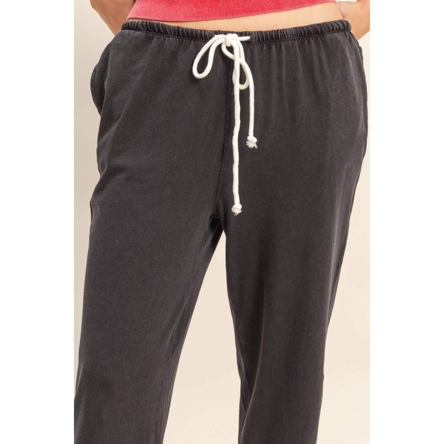 Mineral Washed Drawstring Waist Relaxed Pants: BLACK