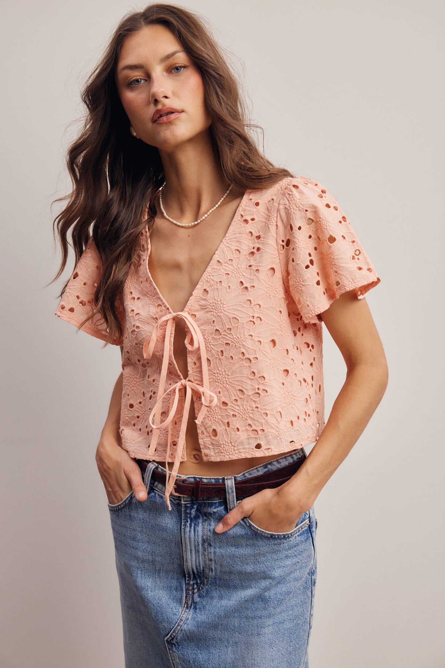 Eyelet Tie-Front Lined Cotton Top: Ivory