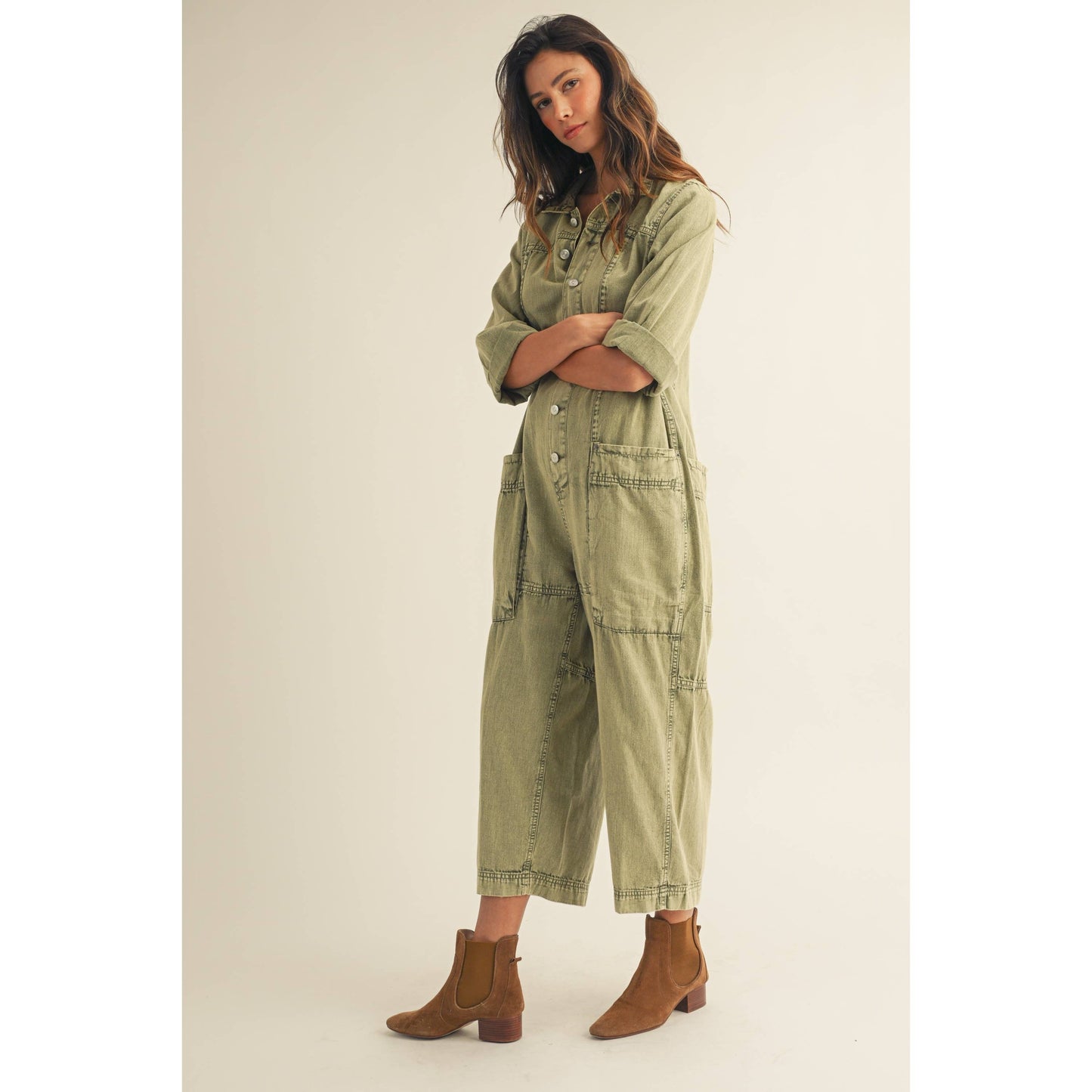 Washed Vintage Relaxed Button Jumpsuit: OLIVE GARDEN