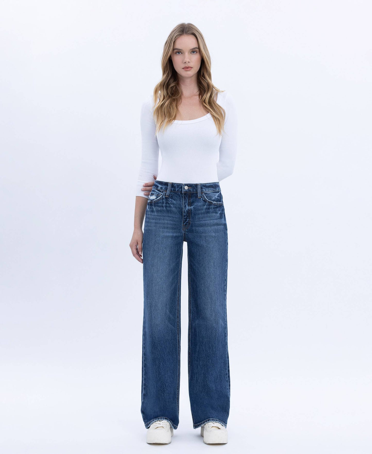 90'S SUPER HIGH RISE DARK WASH WIDE JEANS T6242DK: DARK WASH