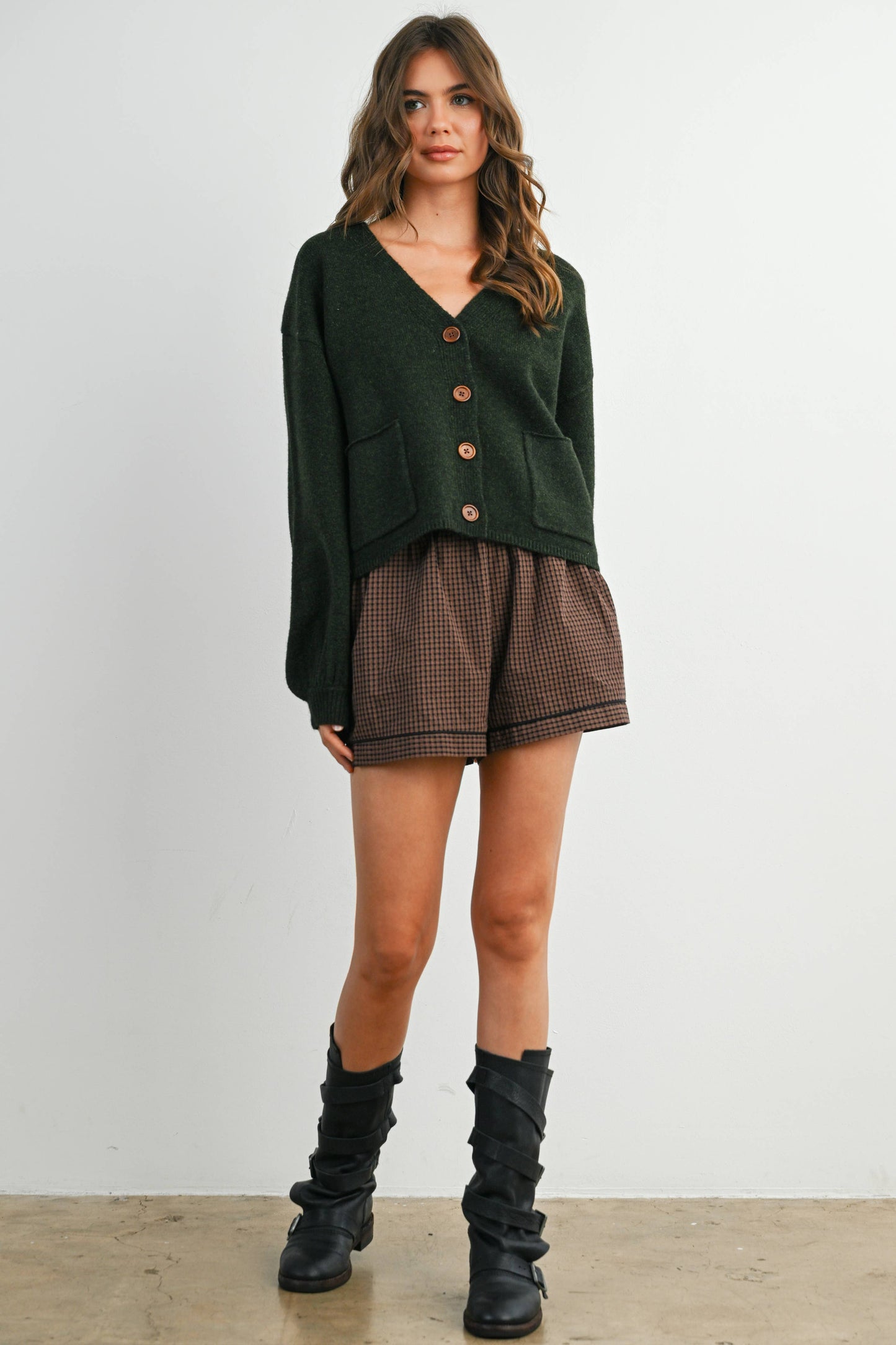 Elastic High-Waisted Trimmed Shorts: BROWN