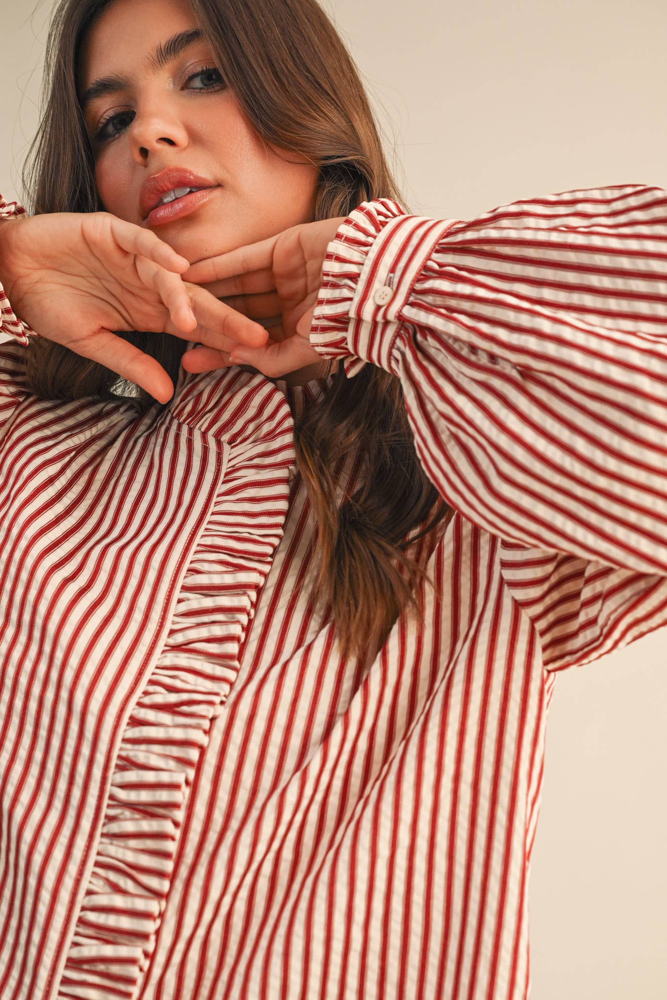STRIPED RUFFLED BUTTON DOWN: Red Stripe