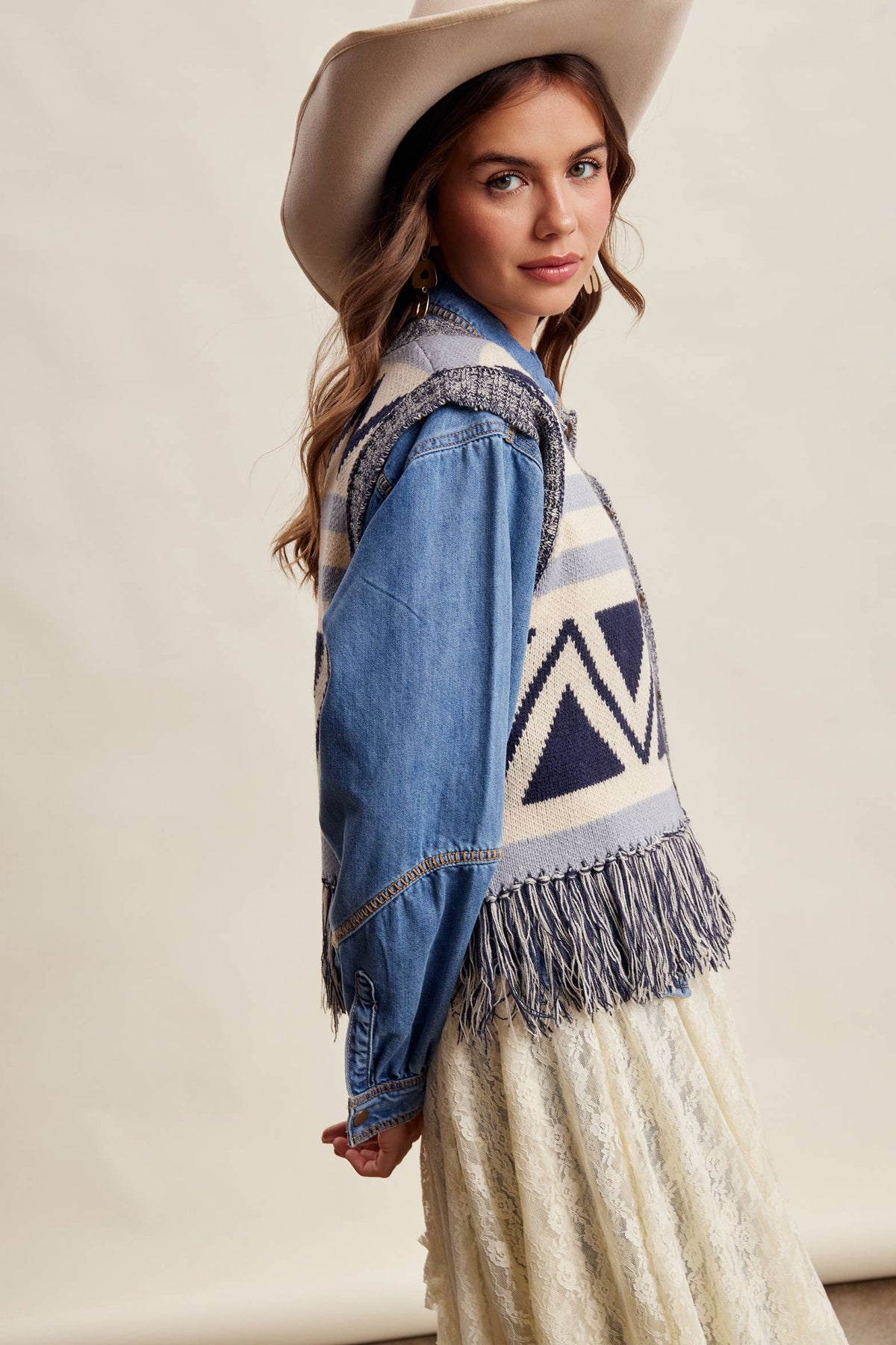 Western Fringe Knit Sweater Vest: Navy