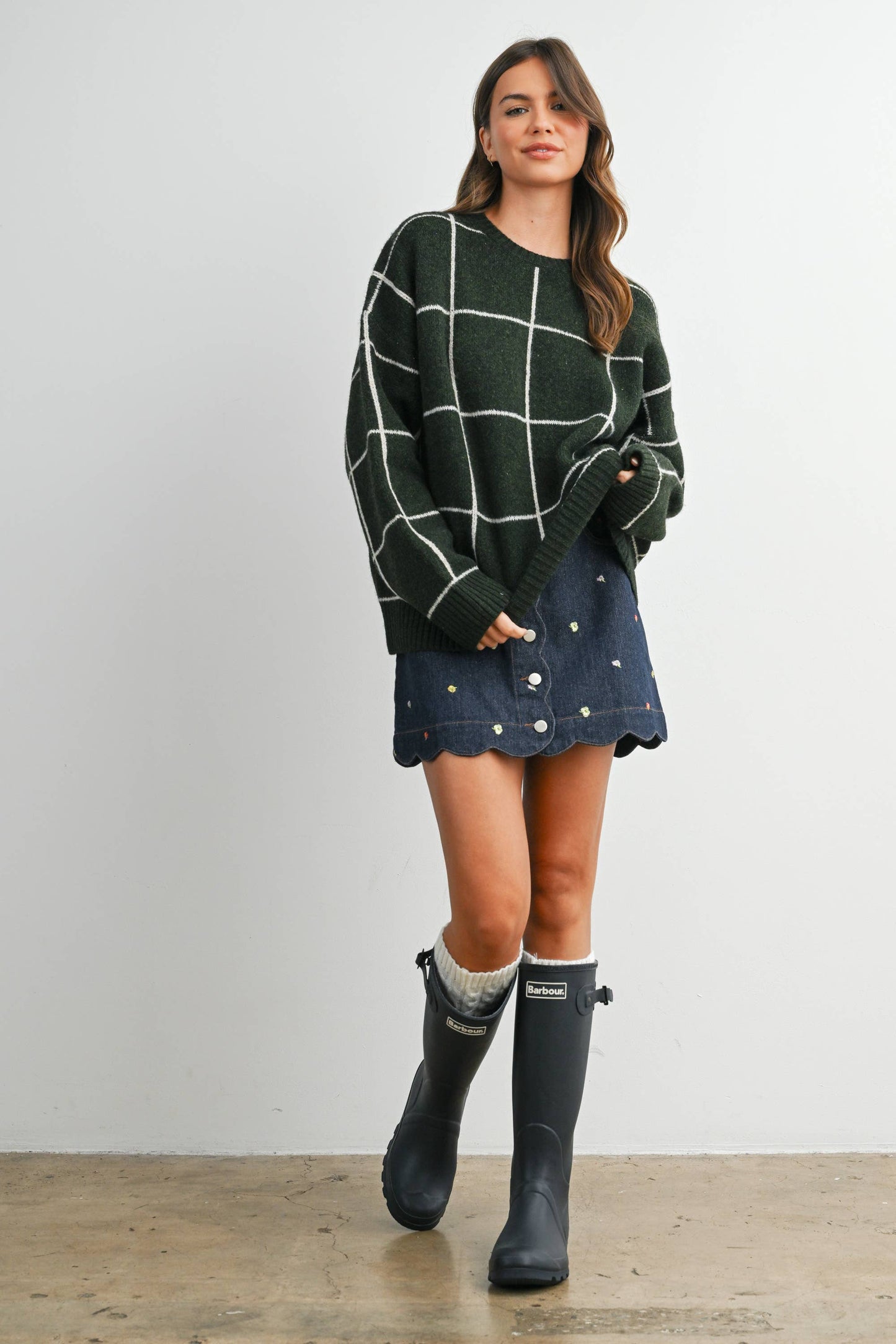 Checkered Crew Neck Knit Sweater : OLIVE MULTI