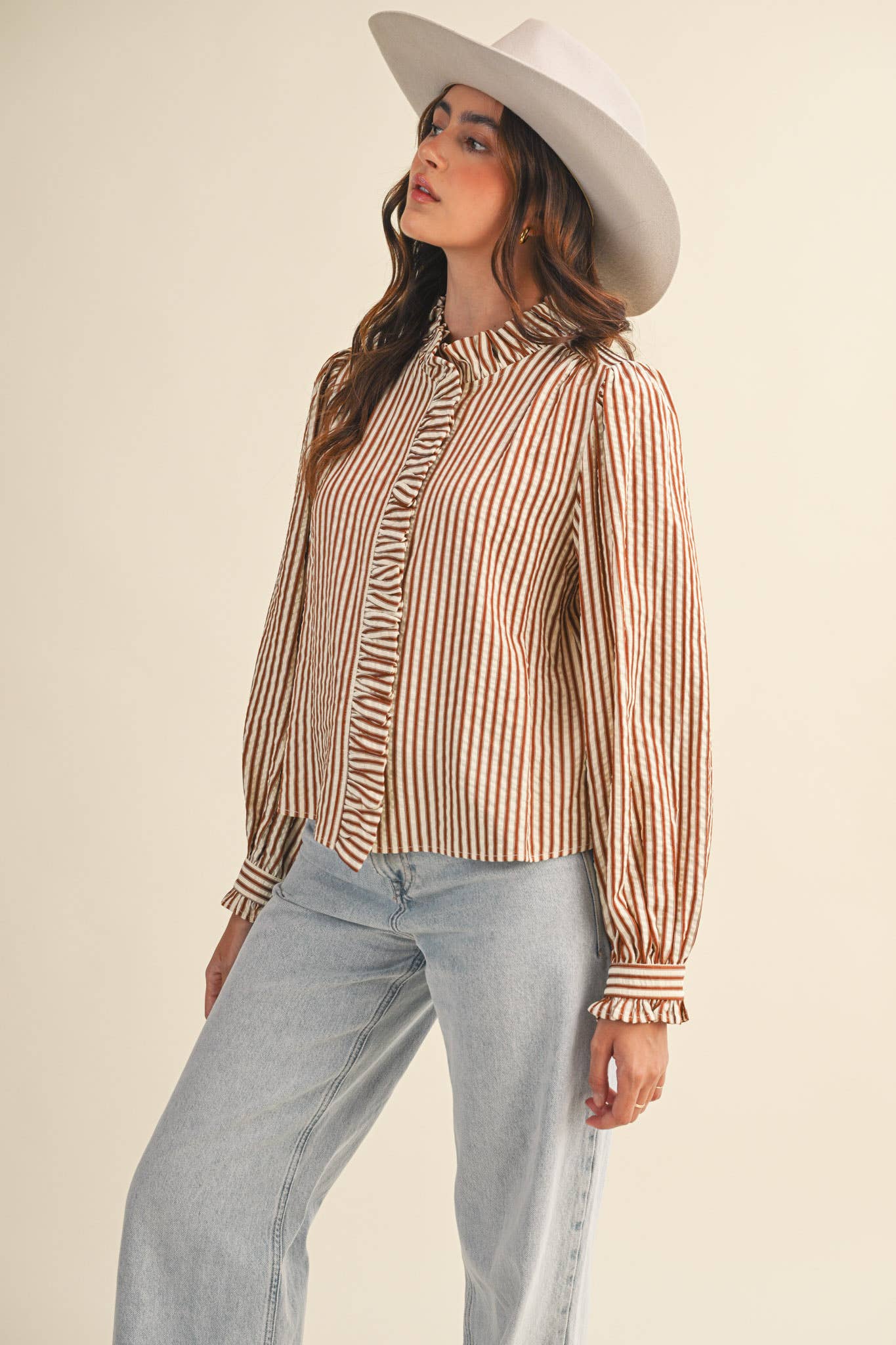 STRIPED RUFFLED BUTTON DOWN- brown