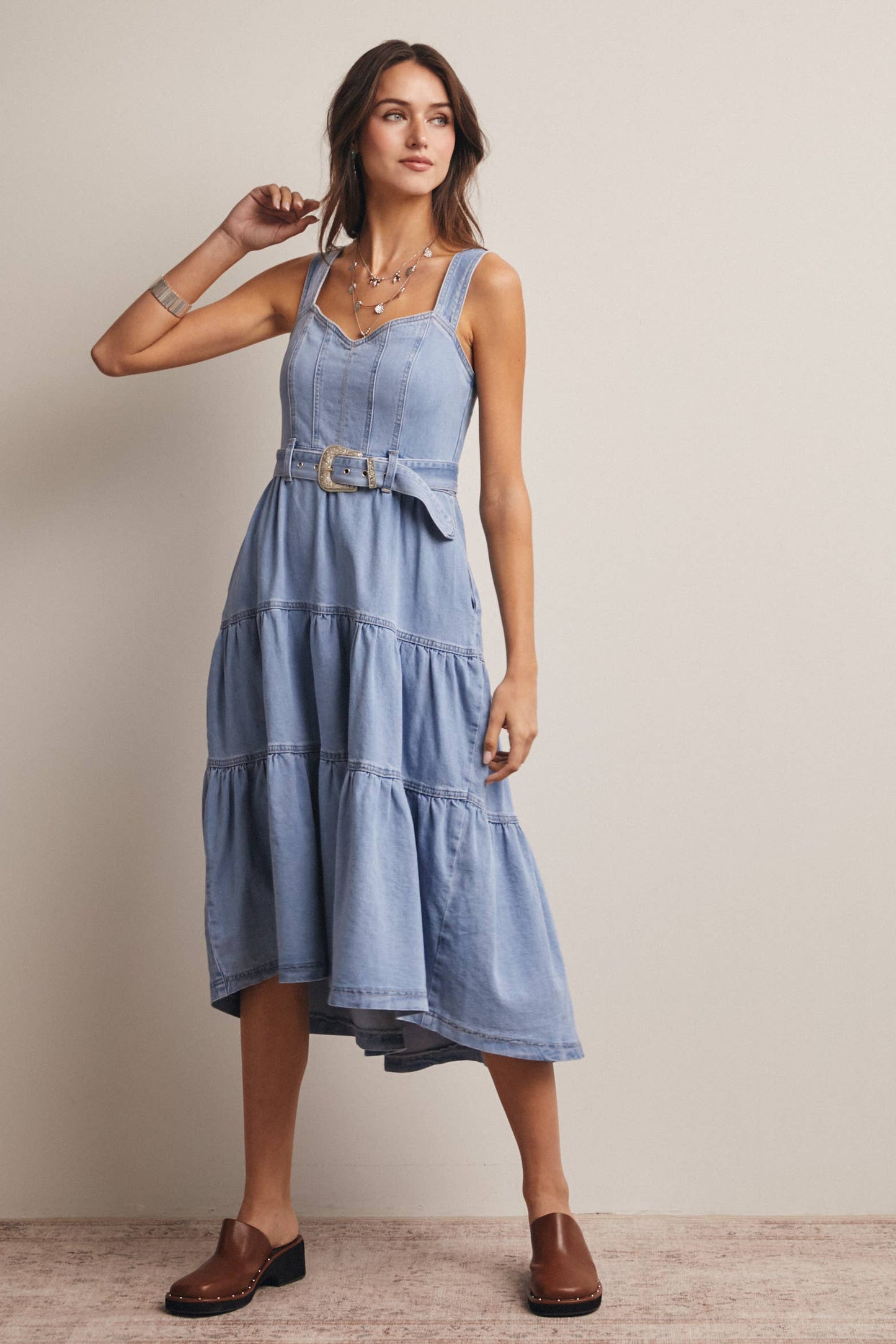 Tiered Denim Maxi Dress: Cloud Wash