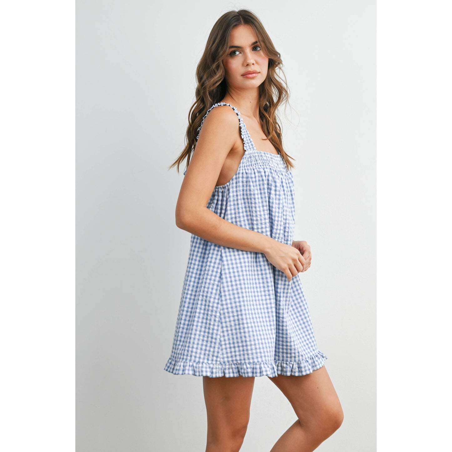 Back-Tie Smocked Ruffle Gingham Dress: BLUE / IVORY