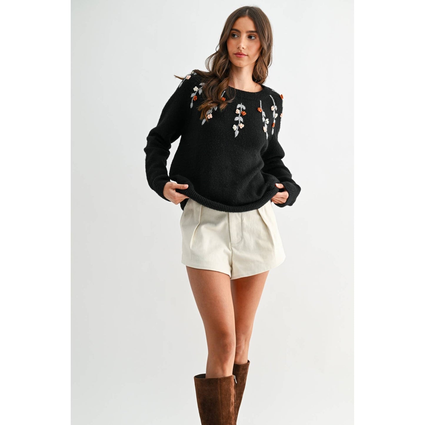BLACK EMBROIDERED FLORAL SWEATER: BLACK