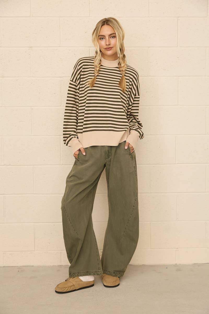 Two-Tone Stripe Mock Neck Sweater: BEIGE MULTI
