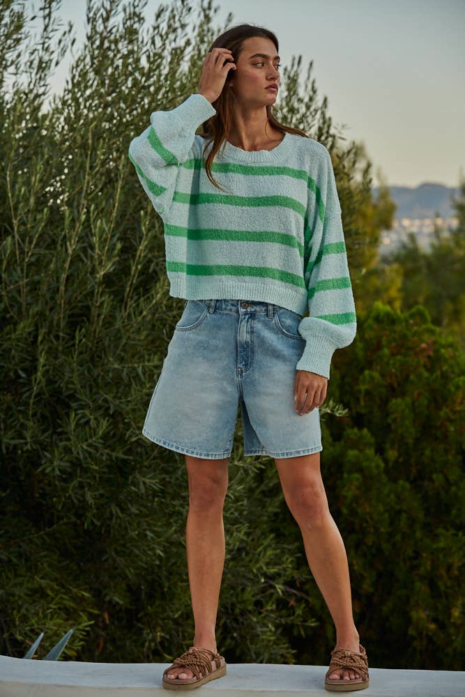 Knit Sweater Striped Crewneck: Light Mint Green