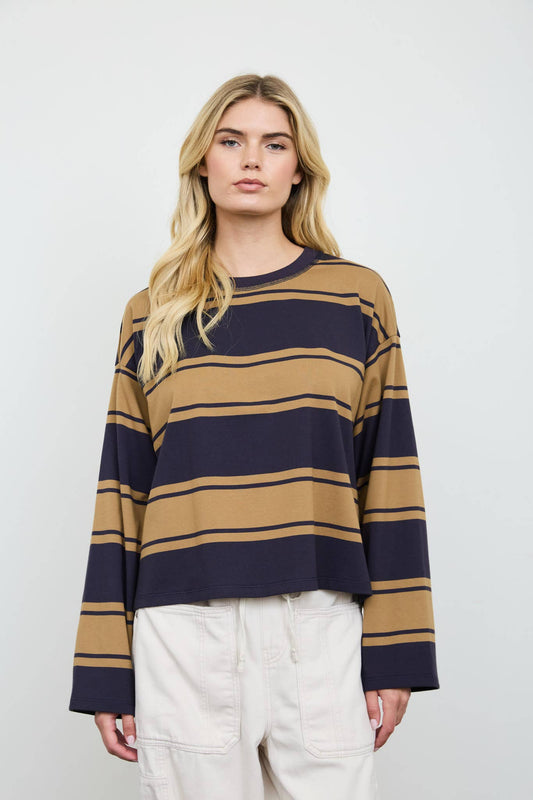 WIDE STRIPE CREW NECK LONG SLEEVE KNIT TOP: NAVY