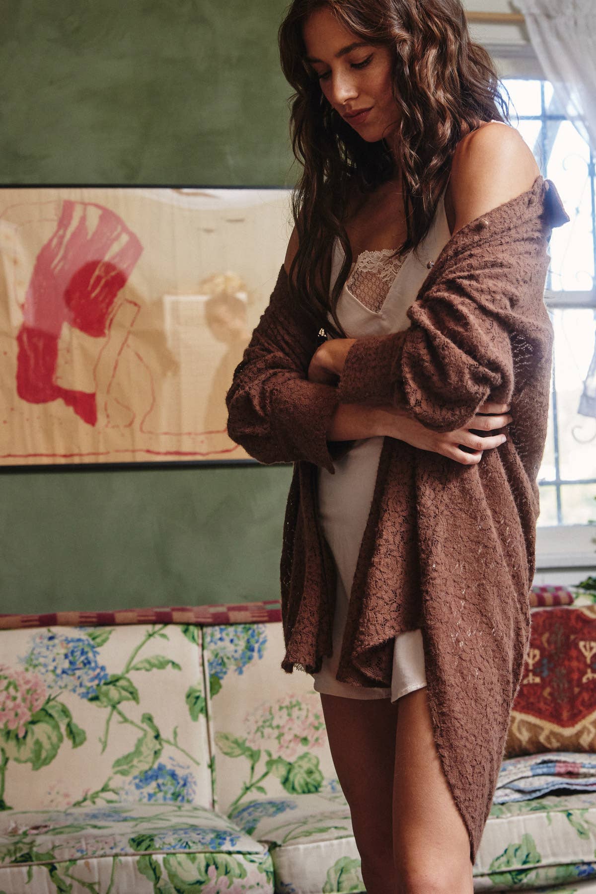 Button Down Brushed Lace Tunic Shirts: Mocha