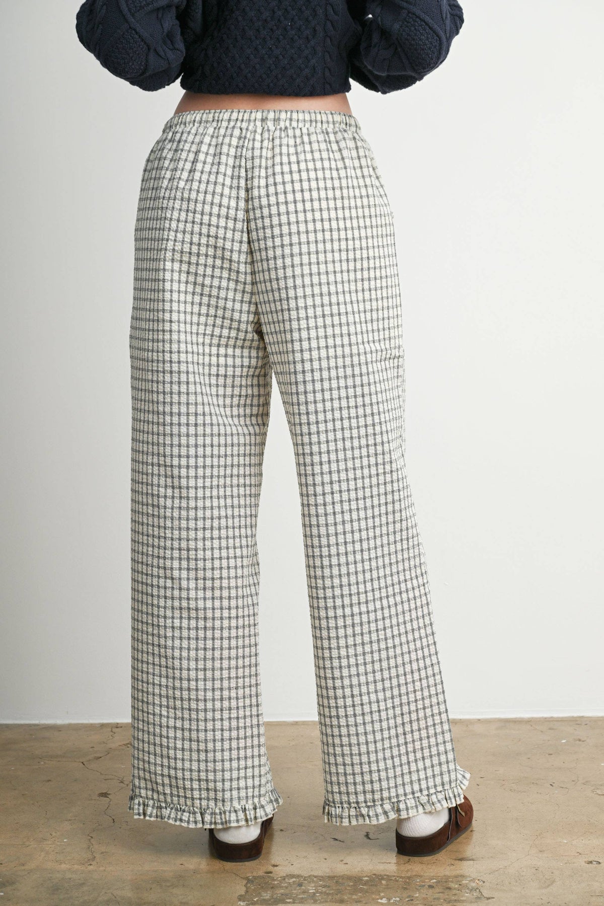 Gingham Drawstring Wide Leg Pants: IVORY