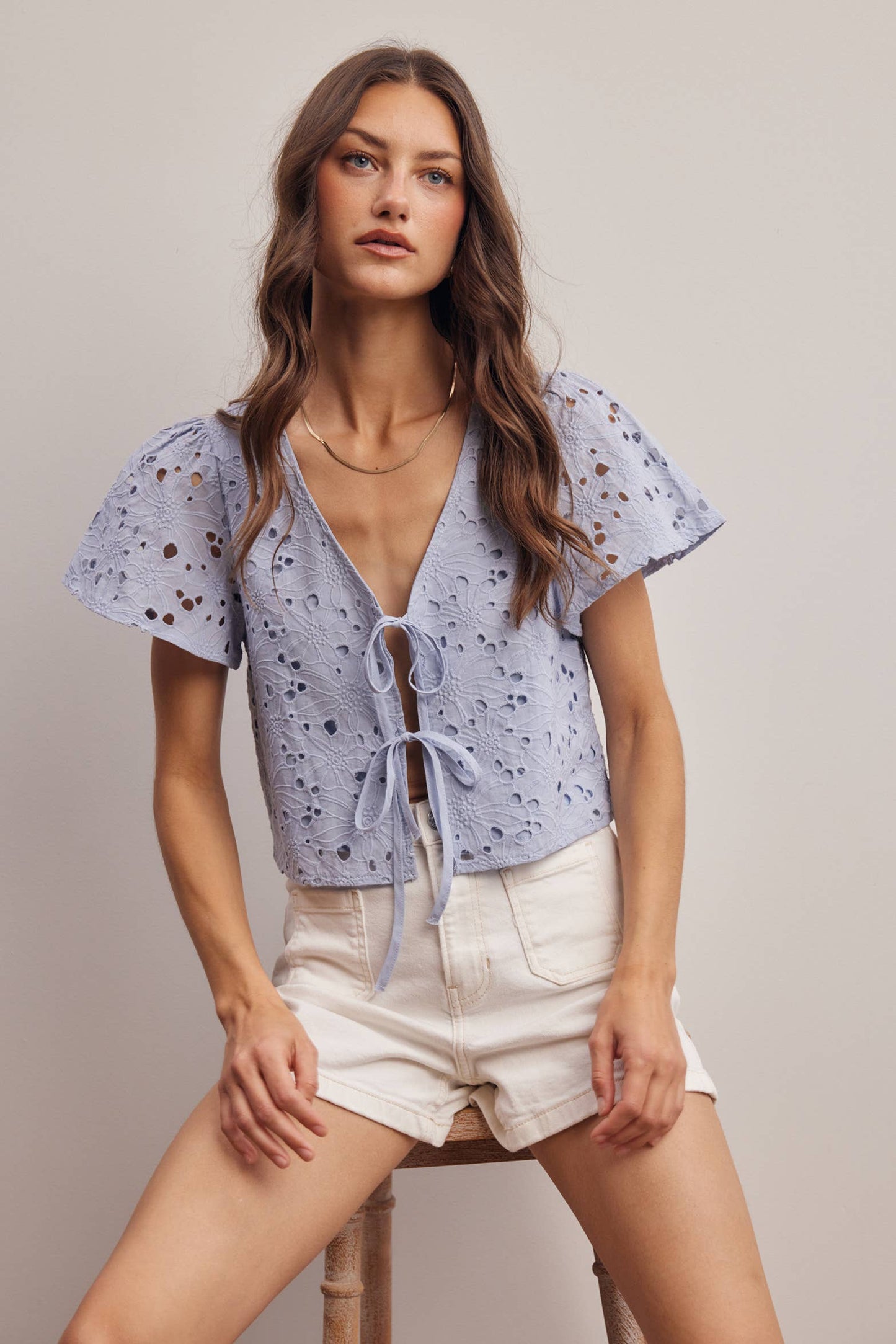 Eyelet Tie-Front Lined Cotton Top: Ivory