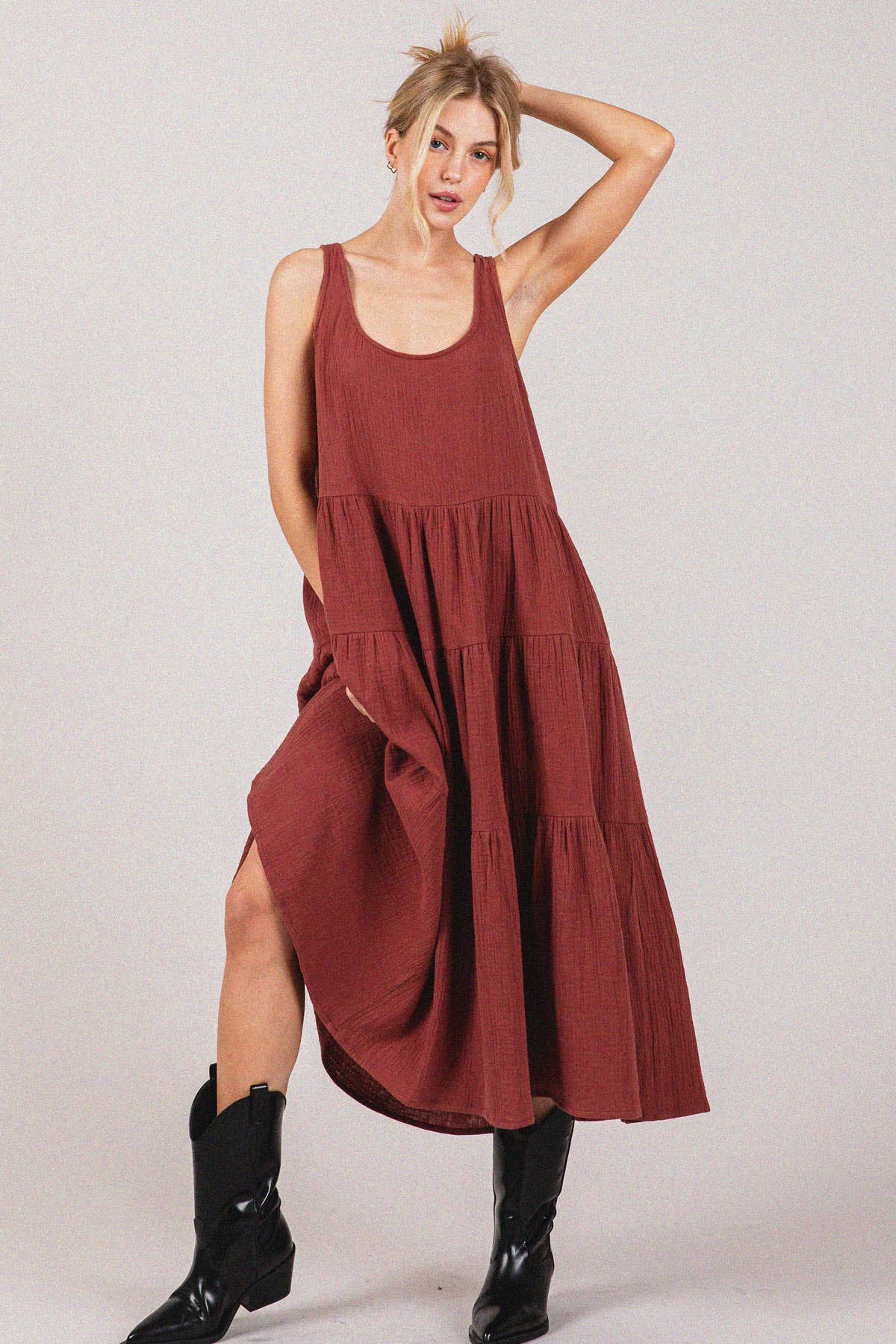 Lightweight Gauze Tiered Midi Dress: Brick