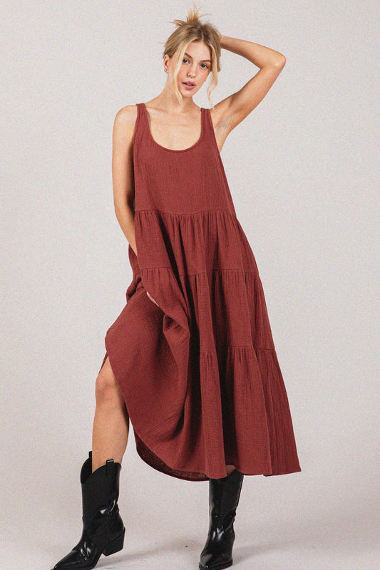 Lightweight Gauze Tiered Midi Dress: Brick