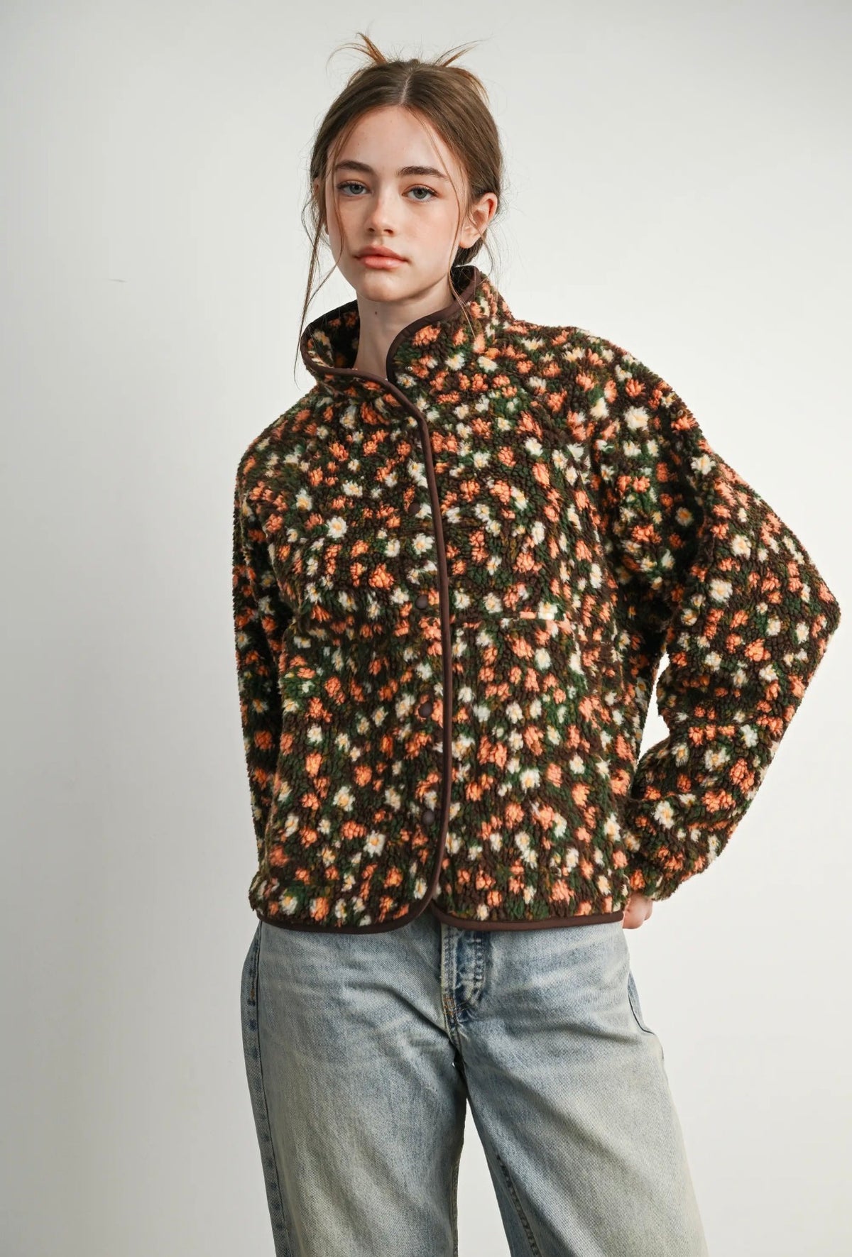 Floral Sherpa Fleece Snap Jacket