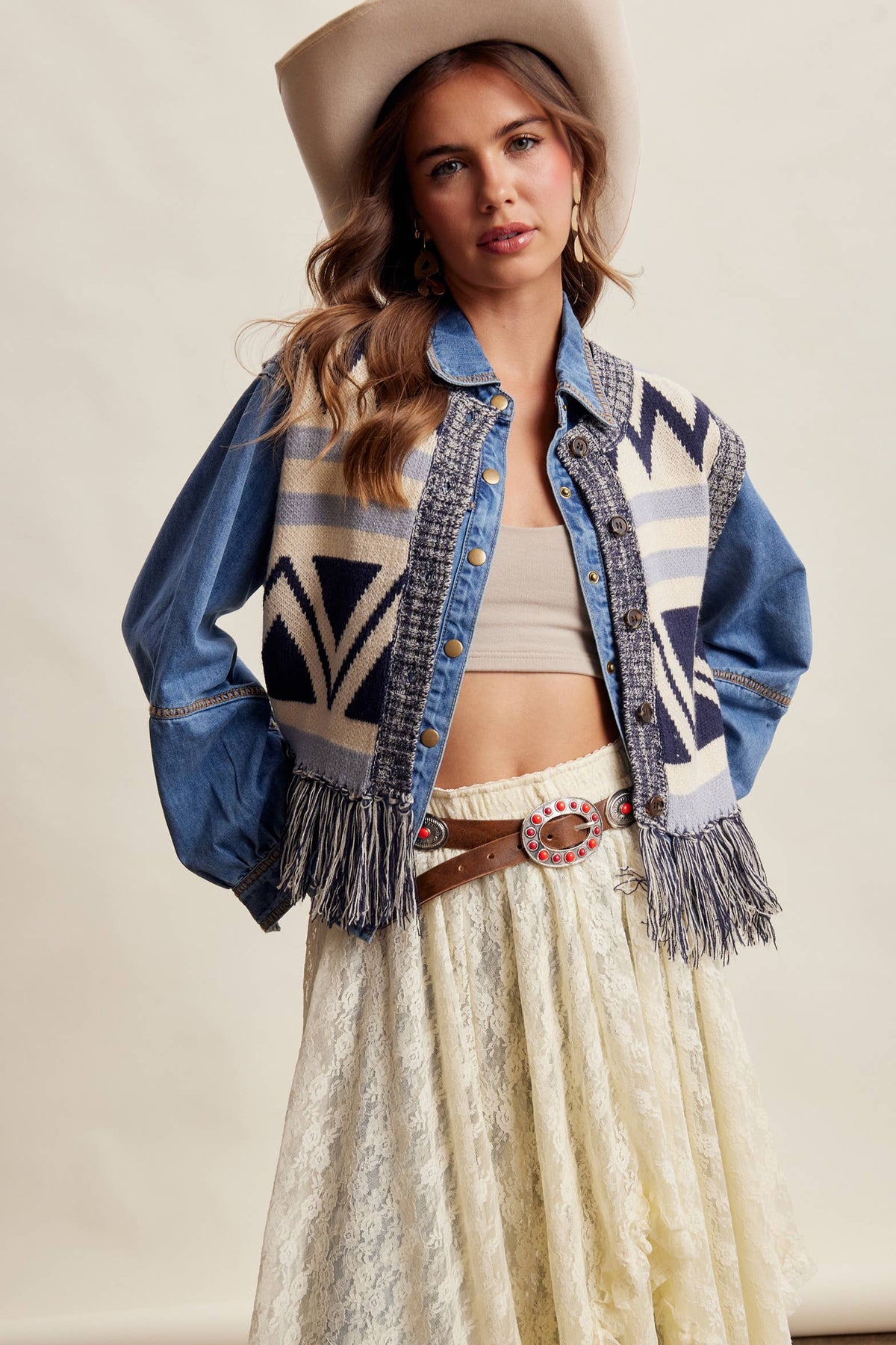 Western Fringe Knit Sweater Vest: Navy
