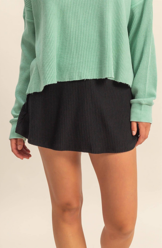 Ribbed Elastic Waist Mini Skort: BLACK