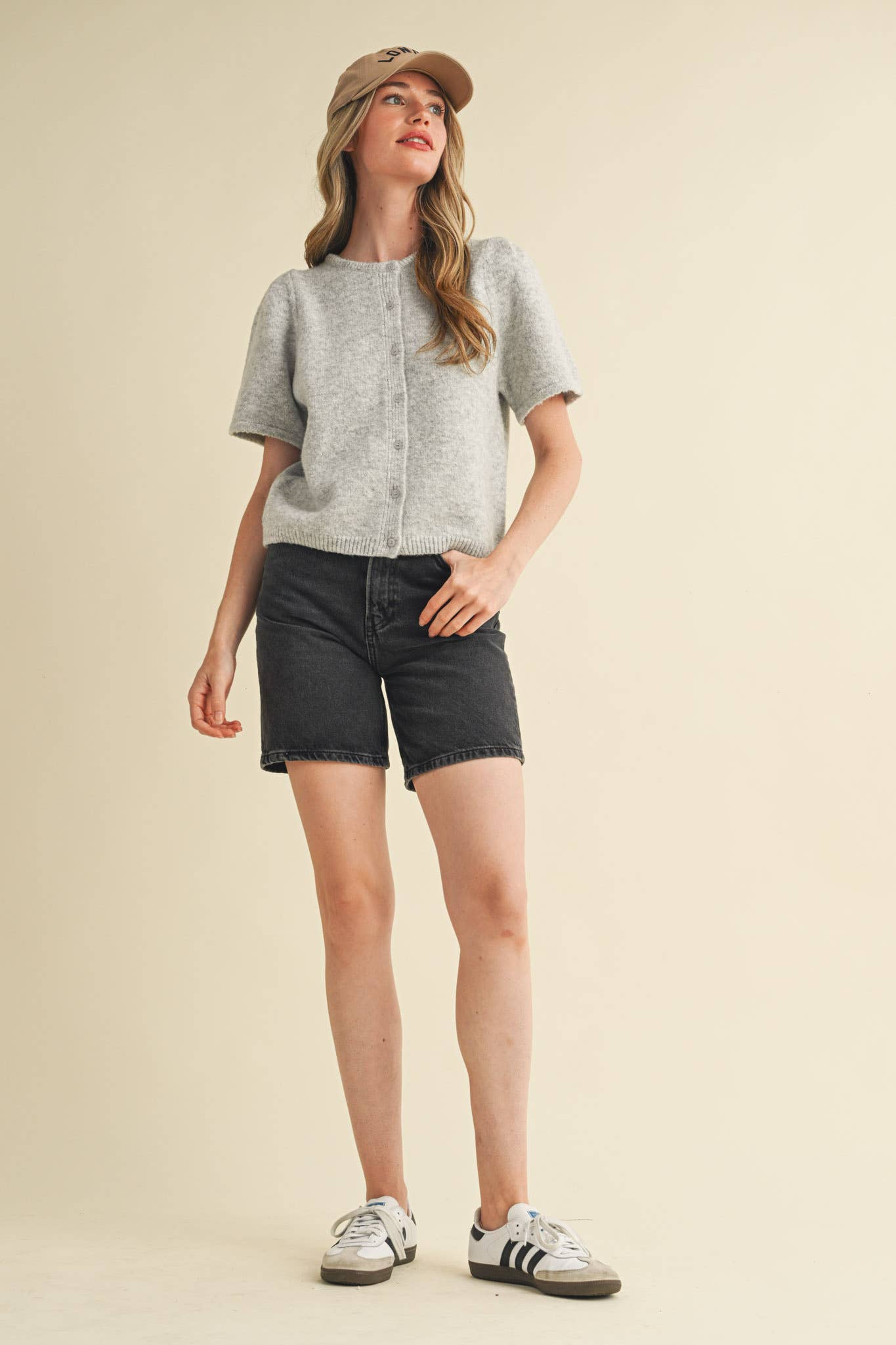 SHORT PUFF SLEEVE SWEATER CARDIGAN: H GREY
