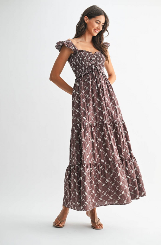 FLORAL EMBORIDERED TIERED MAXI DRESS: BROWN/IVORY