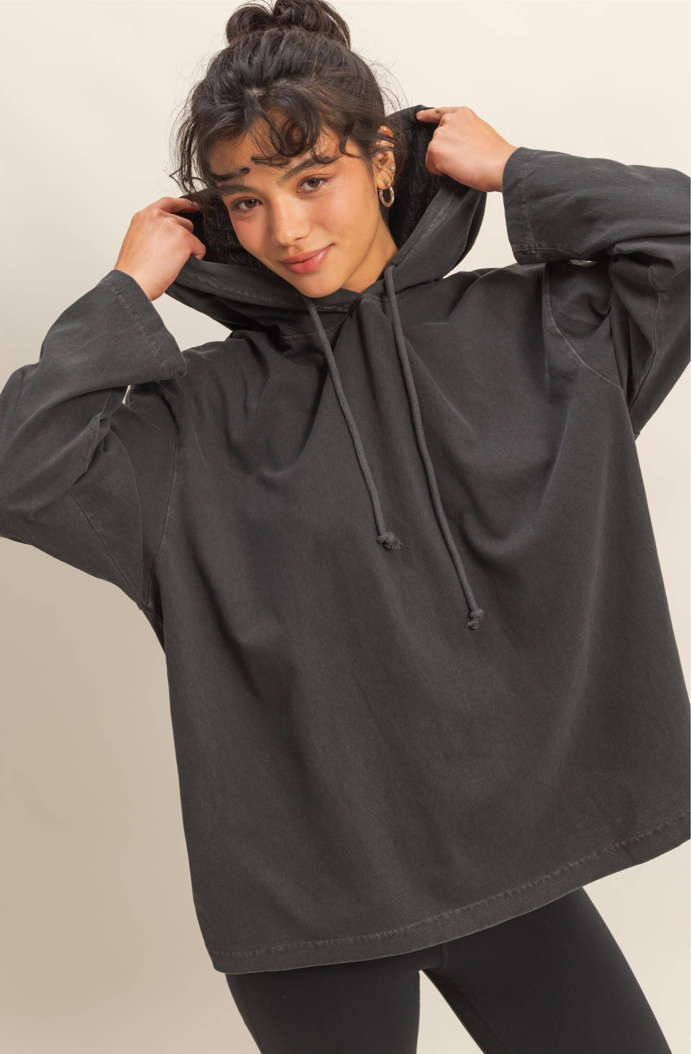 Oversized Hooded Long-Sleeve Top: BLACK