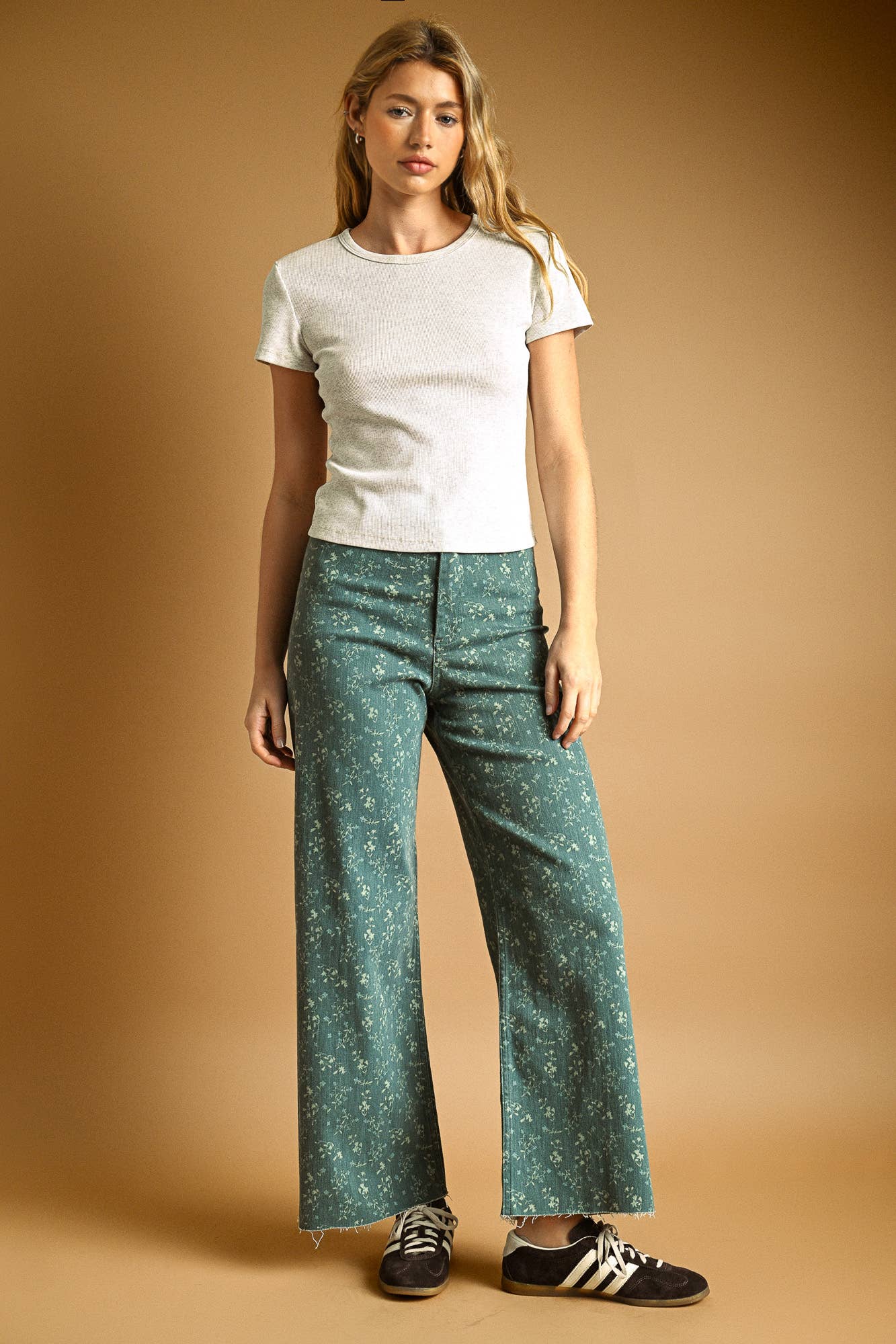 FLORAL PRINT STRETCHED PANTS: DEEP PINE