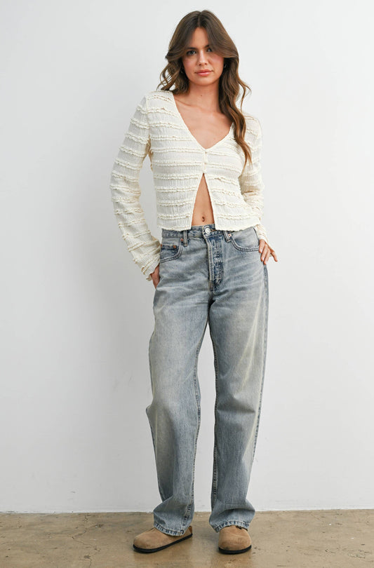 Ruched Ribbon Knit Top: Cream